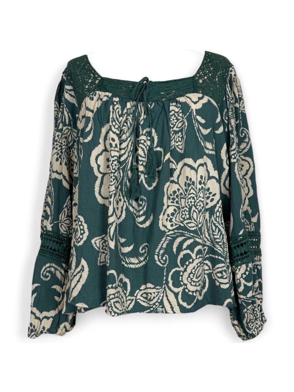 Angie Womens Boho Crochet Trim Long Balloon Sleeve Blouse Green Floral Small - Picture 2 of 11